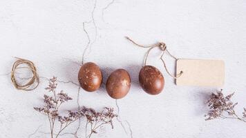 fatti in casa naturale dipinto uova per Pasqua, carta e secco fiori superiore Visualizza ragnatela bandiera foto