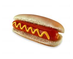 caldo cane, assoluto classico di americano veloce cibo su bianca sfondo con giallo mostarda foto