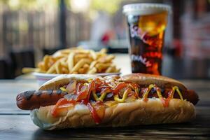 gustoso hot dog con francese patatine fritte, morbido bevanda su ristorante tavolo creato di ai foto