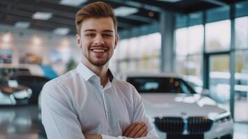 bello giovane uomo nel bianca camicia sorridente a telecamera mentre in piedi nel auto concessionaria foto