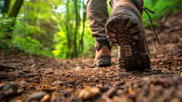 escursioni a piedi pista nel il foresta, il trekking e salutare stile di vita concetto foto