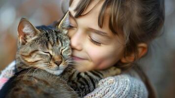 carino poco ragazza abbracciare sua gatto. selettivo messa a fuoco su gatto. foto