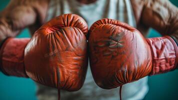 boxe guanti su un' vecchio uomo vicino su. foto