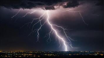 buio paesaggio, fulmine al di sopra di il città temporale, su un' completamente nero sfondo per copertura il schermo foto