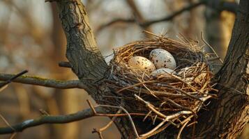 uccello nido con uova su il albero. natura foto