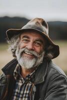 anziano contadino con grigio capelli e barba indossare un' cappello. foto