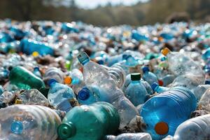 numerose plastica bottiglie littering il terra nel un' discarica, contribuendo per inquinamento. foto