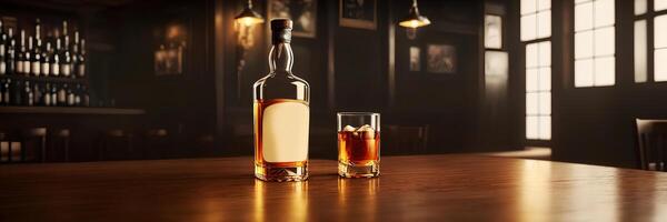 un' singolo bottiglia di whisky con bicchiere su il bar contatore, buio colorato Immagine foto