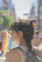 giovane giapponese donna, indietro trasformato, ornato con un lgbt orgoglio arcobaleno bandiera, in mezzo il pieno di bokeh strade di un' soleggiato giorno orgoglio parata nel il città foto