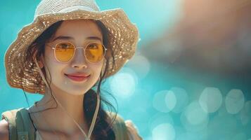 ritratto di bellissimo asiatico donna indossare cannuccia cappello e occhiali da sole pronto per viaggiare, viaggio concetto foto