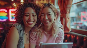 Due asiatico donne utilizzando il computer portatile computer a caffè negozio. lgbt concetto. foto