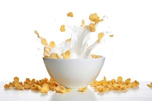 ciotola di fiocchi di mais e latte spruzzo isolato su bianca sfondo foto