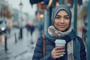 misto gara donna nel hijab nel città sorridente con caffè. foto