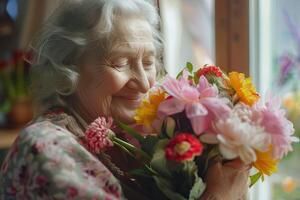 affettuoso figlia nipote celebra nonne compleanno con fiori. foto