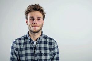 giovane uomo con camicia sorridente e guardare a telecamera isolato su bianca sfondo foto