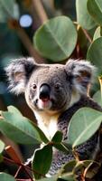 accattivante bambino koala riposo in mezzo eucalipto fogliame. vivace avvicinamento di un' soffice australiano marsupiale. concetto di natura conservazione, naturale habitat, e adorabile selvaggio animale. verticale. foto