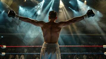 vittorioso pugile festeggiare nel il boxe squillo, trionfo con sollevato boxe guanti. maschio atleti momento di gloria sotto luminosa luci. concetto di successo, vittoria nel gli sport, e campionato orgoglio. foto