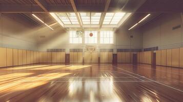 alto scuola palestra pallacanestro Tribunale, vuoto e bagnata nel il morbido, diffondere leggero filtraggio attraverso lucernario finestre. concetto di formazione scolastica, scuola gli sport, fisico addestramento, silenzioso momenti foto