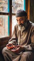 fotografia di musulmano uomo con un' piccolo ciotola di date nel il suo cucina foto