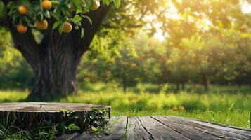 albero tronco legna podio Schermo per cibo profumo e altro prodotti su natura sfondo azienda agricola con erba e albero luce del sole a mattina , foto