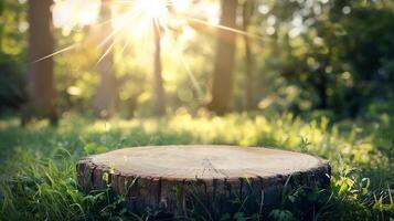 albero tronco legna podio Schermo per cibo profumo e altro prodotti su natura sfondo azienda agricola con erba e albero luce del sole a mattina , foto