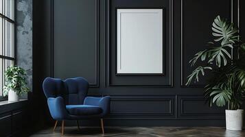 immagine modello con nero verticale telaio su buio parete. elegante buio interno con blu poltrona, manifesto modello. foto
