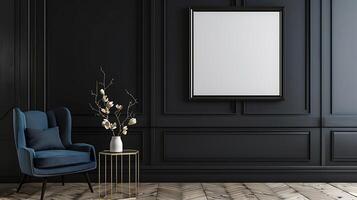 immagine modello con nero verticale telaio su buio parete. elegante buio interno con blu poltrona, manifesto modello. foto