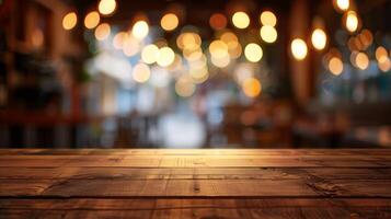 vuoto di legno tavolo superiore con luci bokeh su sfocatura ristorante sfondo, foto