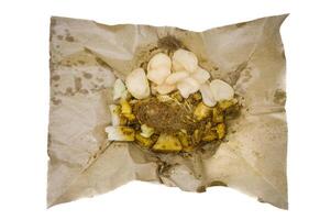 un' porzione di tradizionale est giavanese cibo chiamato Tahu tek servito su un' pezzo di olio carta isolato su bianca sfondo. Perfetto per cibo soddisfare e menù foto