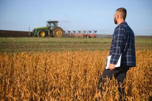 contadino agronomo nel soia campo controllo raccolti. biologico cibo produzione e coltivazione foto