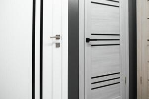 negozio finestra di interroom porte. un' grande selezione di interno porte per il Casa. casa rinnovamento concetto foto