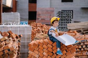 architetto nel casco scrittura qualcosa vicino nuovo costruzione. poco carino ragazzo su il edificio come un architetto foto