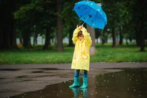 poco ragazzo giocando nel piovoso estate parco. bambino con ombrello, impermeabile cappotto e stivali salto nel pozzanghera e fango nel il pioggia. ragazzo a piedi nel estate pioggia all'aperto divertimento di qualunque tempo atmosferico. contento infanzia. foto