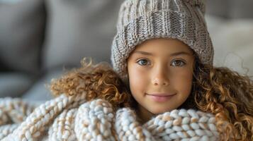 un' giovane ragazza vestito calorosamente nel un' a maglia cappello e sciarpa foto