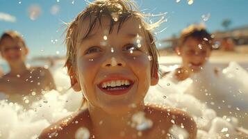 un' giovane ragazzo circondato di bolle sorrisi con gioia foto