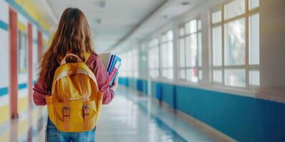 un' scolara ragazza con un' zaino e libri passeggiate lungo il scuola corridoio. formazione scolastica concetto bandiera con copia spazio foto