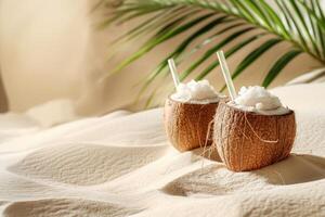 cocktail nel Noce di cocco su un' estate sfondo con palma albero le foglie e spiaggia sabbia. copia spazio foto