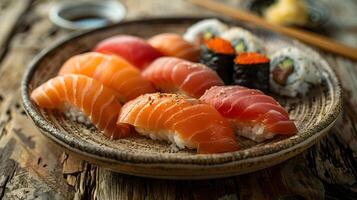 varietà di Sushi su fatto a mano piatto foto