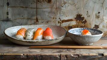 tradizionale Sushi su rustico di legno tavolo foto