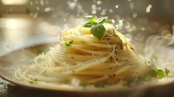 sognante spaghetti con parmigiano e basilico foto