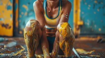 femmina atleta coperto nel fango seduta nel contemplazione. estremo gli sport e mentale forza concetto. foto