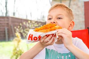 un' ragazzo mangia un' hot dog a un' tavolo nel un' bar nel un' primavera parco foto