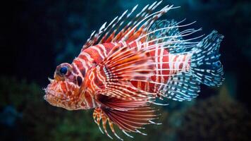 pesce leone o pterois, un' bellissimo predatore Leone pesce nuotate nel ricerca di cibo subacqueo foto