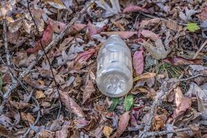 plastica bevanda bottiglia su il terra foto