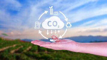 mano Tenere co2 riducendo virtuale icona per diminuire carbonio biossido emissione, carbonio orma e carbonio credito per limite globale riscaldamento a partire dal bio clima modificare concetto. foto