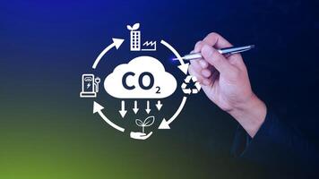 mano Tenere co2 riducendo virtuale icona per diminuire carbonio biossido emissione, carbonio orma e carbonio credito per limite globale riscaldamento a partire dal bio clima modificare concetto. foto