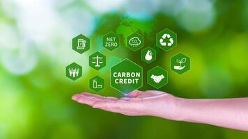 verde energia, carbonio credito mercato concetto, uomo d'affari Tenere carbonio credito icona, netto zero, verde energia icona. carbonio neutro nel industria netto zero emissione eco energia. foto