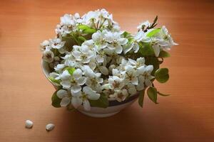 ancora vita con Pera fiori nel un' bianca ciotola su il tavolo foto