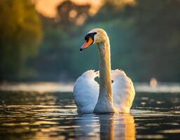 bello cigno su acqua nel Basso leggero foto