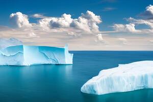 maestoso ghiaccio scogliere incoronato di un' freddo atmosfera, incorniciato di il bellissimo mare e cielo, evocazione un' armonioso panorama di della natura ghiacciato grandezza e oceanico splendore foto